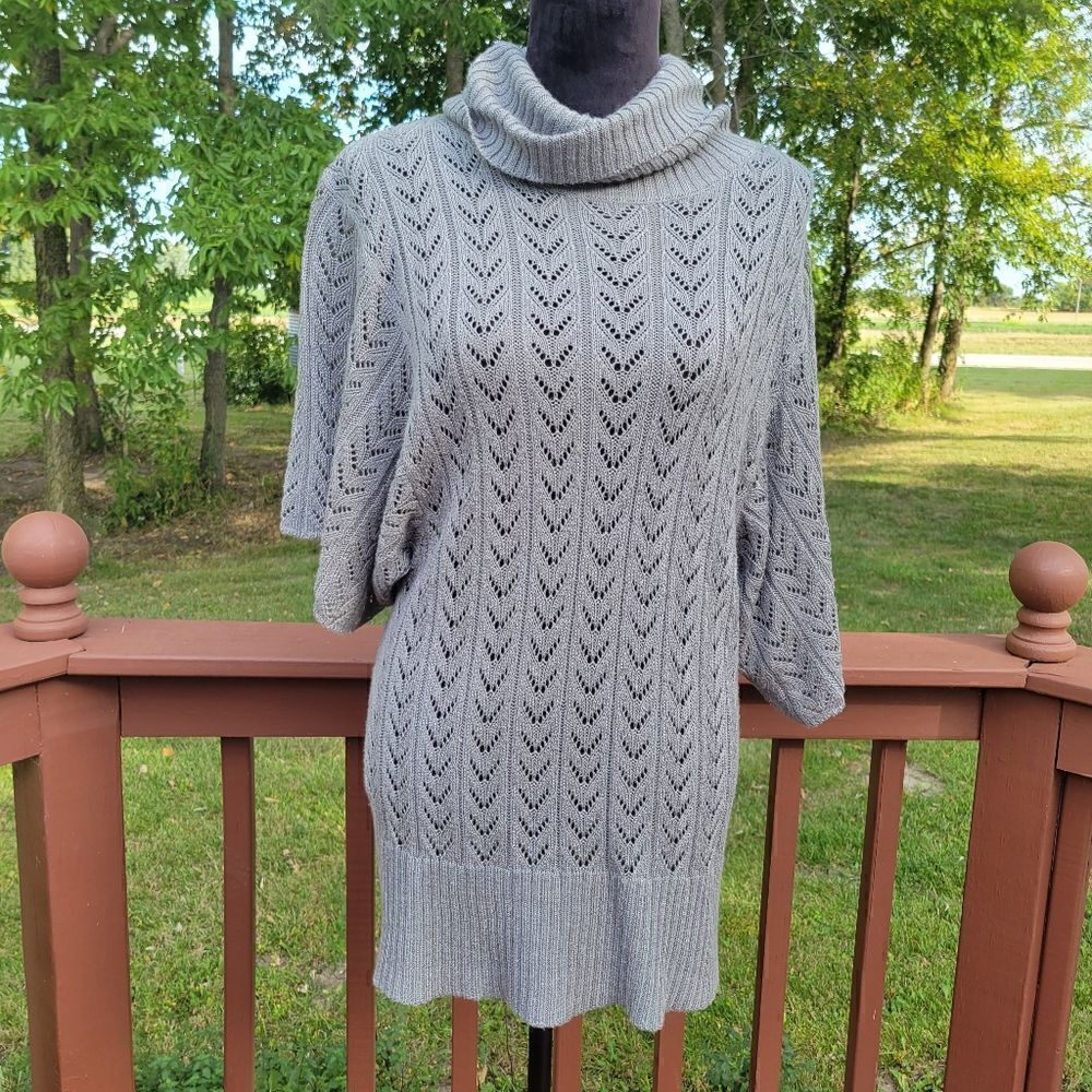 FYLO Women's Gray Cowl Neck Short Sleeve Herringbone Knit Tunic Size L